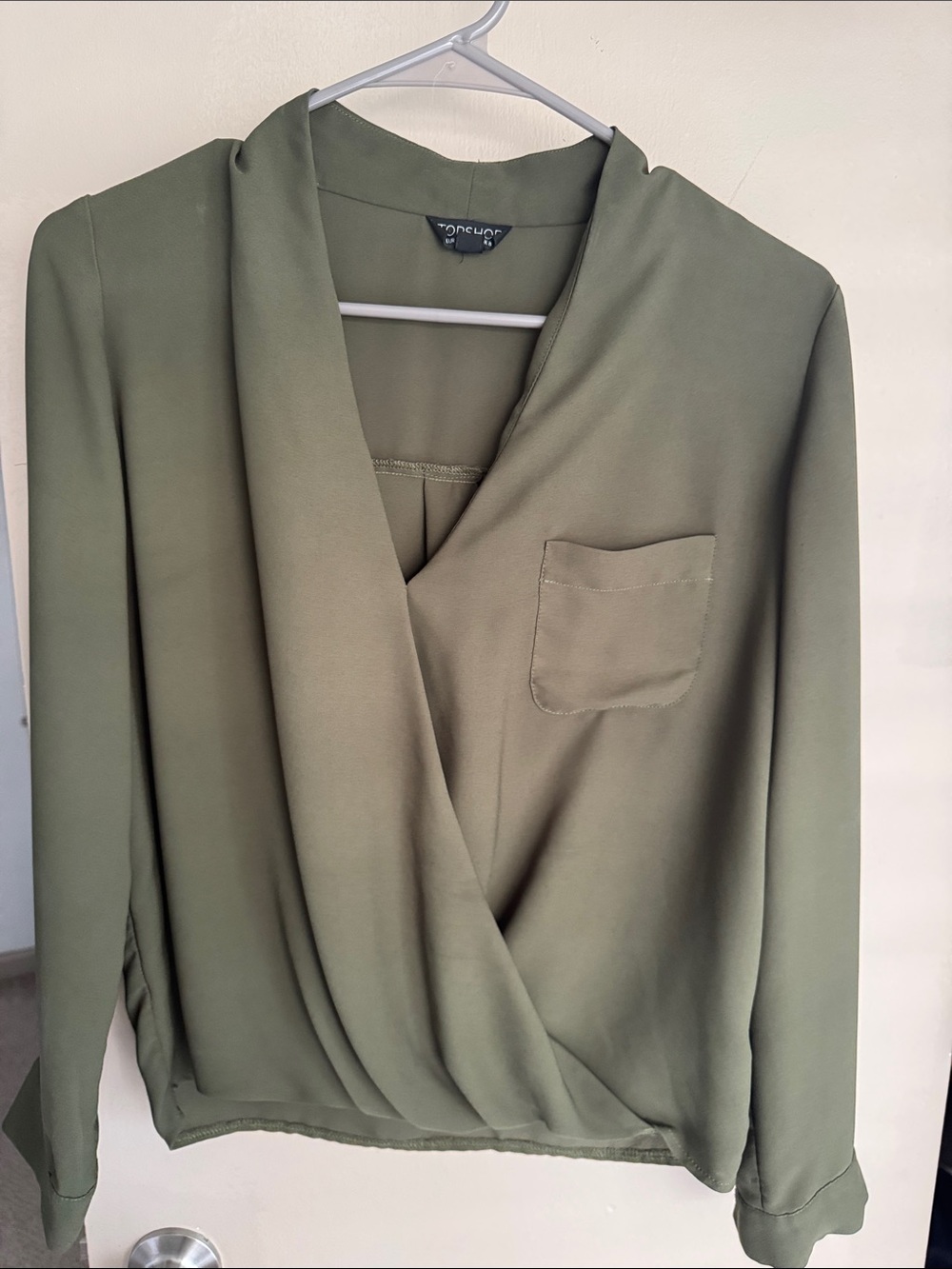 Topshop Olive Green Draped V-Neck Blouse